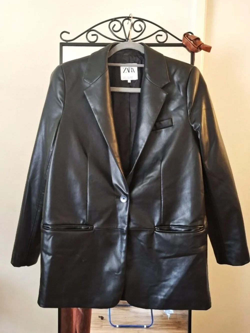 ZARA Faux Leather Blazer Jacket Black Single Button Longline Size S - Picture 2 of 8